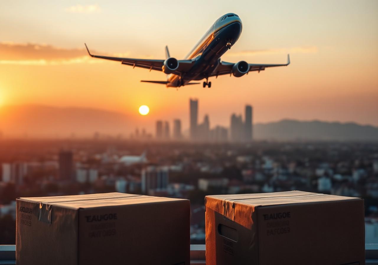 Cargo plane and shipping boxes over African skyline